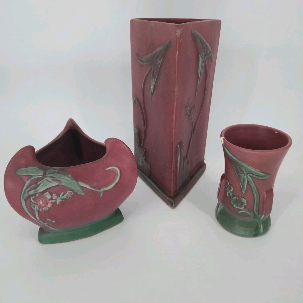 Weller Tutone Ware 3pc Art Pottery Vase Planter Set Rose Green Floral 1920s VTG